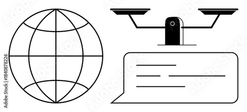 Global ethics, social justice, law, decision-making, balanced communication, universal fairness. ion of scales, globe and speech bubble. Global ethics and social justice concept