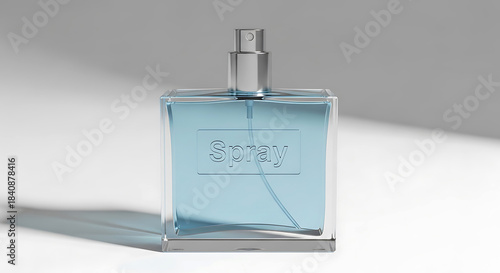 Clear glass perfume bottle with blue liquid and silver spray nozzle image 1