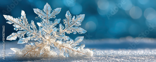 Crystal snowflake on snow surface with blue bokeh background, delicate ice pattern sparkling in cold winter light