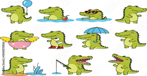 Cute cartoon crocodile character set with playful poses including swimming, fishing, hatching, holding balloon, umbrella, drink, and various fun actions