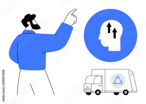 Recycling concept. Recycling symbol, human thought process, and logistics for promoting sustainability. Recycling reinforces environmental conservation. For education, sustainability, waste