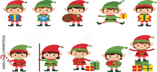 Cute Christmas elf character set featuring festive poses, gifts, candy cane, snowflake, sack, decorations, and holiday costumes in colorful illustration