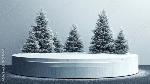 Simple white pedestal surrounded by snow covered pine trees under falling snowflakes creating peaceful winter scene