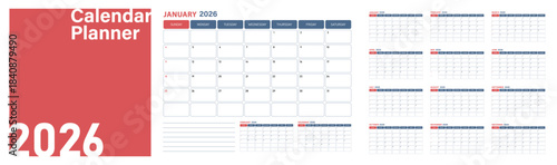 Monthly calendar layout for 2026 year. Diary planner for 2026 year. Week Starts on Sunday.2026 Calendar Planner Set of Template Monthly Page and cover with Place for Photo, Company Logo. Vector layout