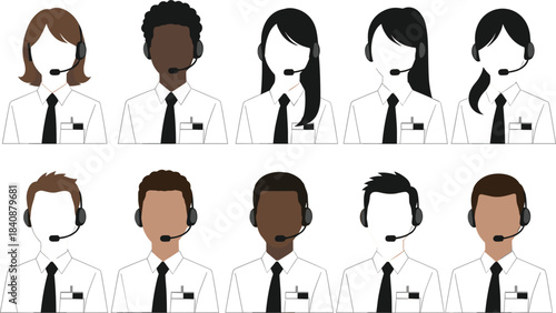 Diverse call center operators wearing headsets in professional attire representing customer support, communication service, and technical assistance team