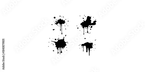 A dirty grunge texture design featuring a black ink splat and liquid paint blots with a splatter splash pattern, creating a silhouette brush stroke illustration vector element on a white background