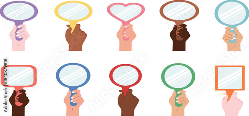 Diverse hands holding various handheld mirrors in different shapes and colors, representing beauty, self-care, reflection, and cosmetic tools illustration