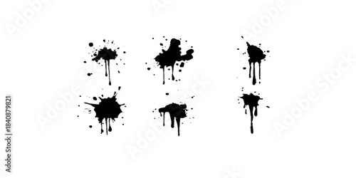 Black ink splat vector illustration featuring a grunge paint splash design with artistic liquid drips and dirty spray textures on a white background element
