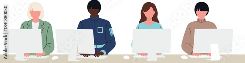 Diverse office team working on computers in modern workspace, people using desktops at shared desk in flat vector illustration