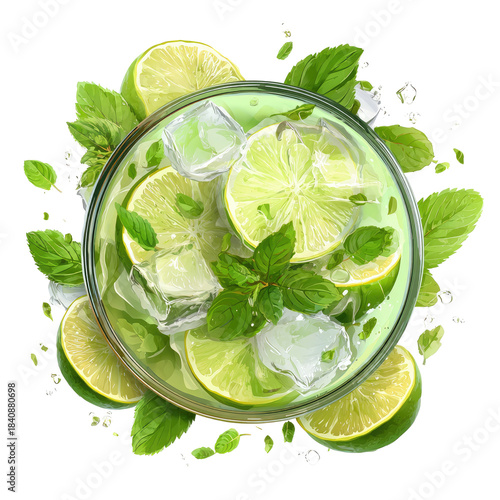 Lime and mint drink with ice, overhead view
