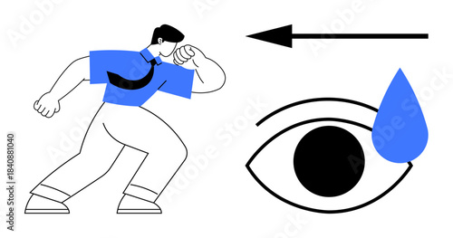 Emotional expression. Visual ation of emotions using human figure, eye with tear, and arrow to movement of feelings. Emotional challenges, mental health, communication, visual storytelling, design