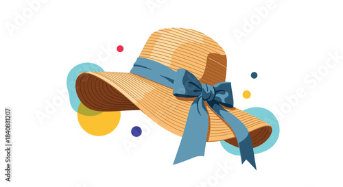 Beautiful woven straw sun hat adorned with a vibrant blue ribbon and bow, set against a cheerful backdrop of colorful dots.