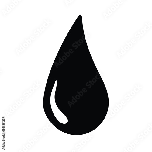 A single black droplet is shown against a white background.