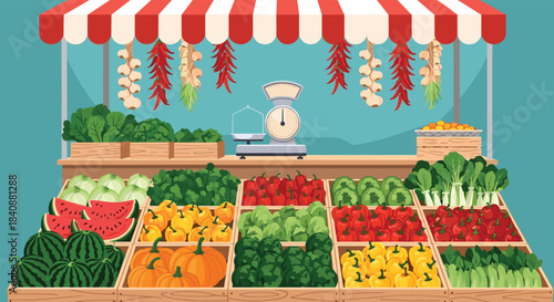 A colorful and inviting farmers market stall showcases a rich variety of fresh fruits, vegetables, and spices, complete with a weighing scale.