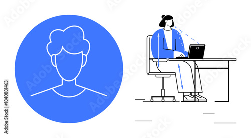 Workplace ergonomics concept. Workplace ergonomics demonstrate proper computer use and posture. Workplace ergonomics ensure comfort, productivity, and health. Suitable for office design, education