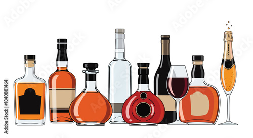 A diverse collection of alcoholic beverages, including various spirits, wine, and sparkling champagne, displayed in bottles and glasses on a white background.