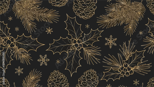 Seamless vintage floral and Chirstmast pattern with ornate swirls and leaves