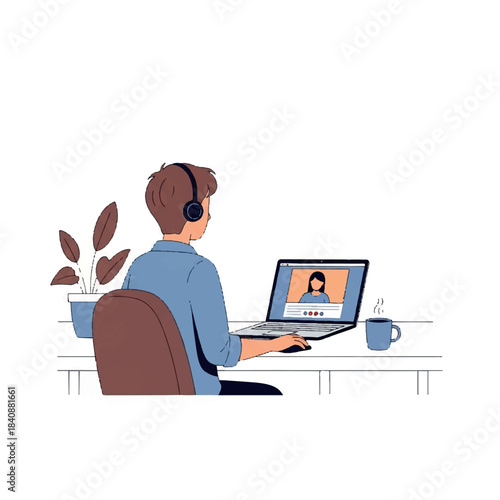 Man Working Remotely on Laptop with Headphones