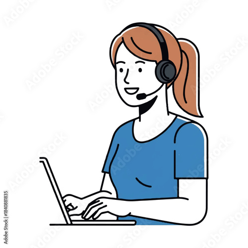 Woman working on laptop with headset