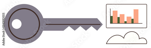 Large key highlights access with bar graph showcasing data analytics and cloud symbolizing storage. Ideal for security, technology, cloud computing, data insight, business solutions, access control