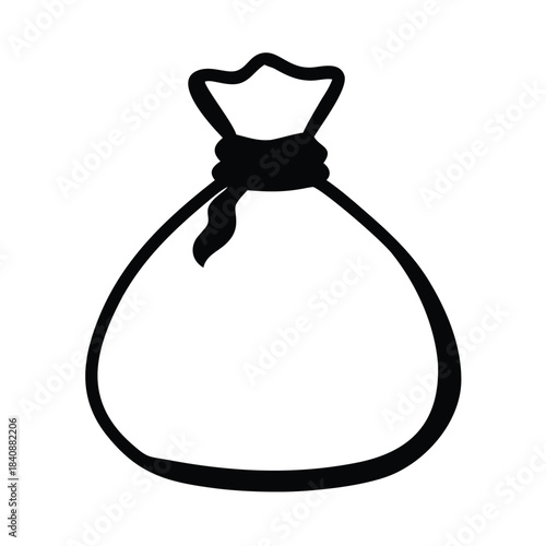 A simple black and white drawing of a drawstring money bag.