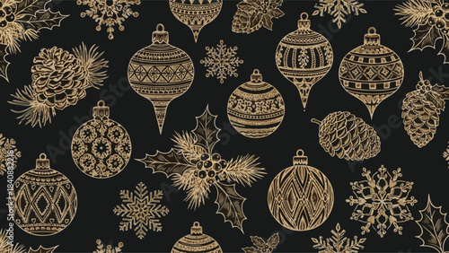 Christmas snowflake seamless pattern with festive holiday ornaments