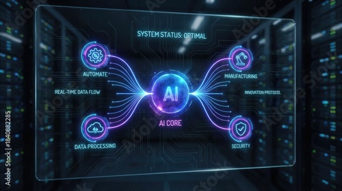 Wallpaper Mural AI core system displaying automation, manufacturing, data processing, and security on a server room background Torontodigital.ca