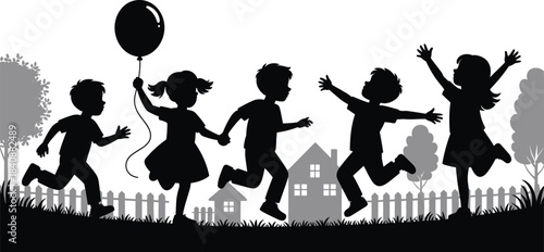 Black Silhouette Vector of Diverse School-Aged Children Playing Happily in a Park Setting, Ideal for Education, Daycare, and Childhood Graphic Design.