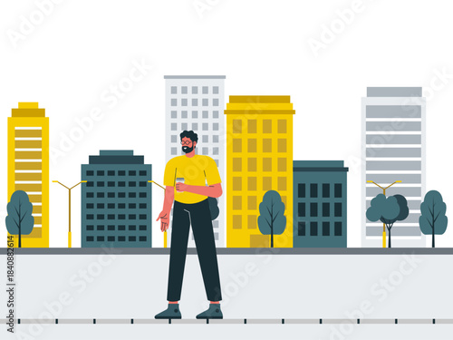 A man walks in the city holding a cup of coffee. Modern urban life vector illustration. Flat illustration concept.