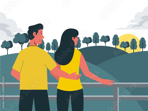 A couple standing on a balcony or observation deck, looking out at a landscape. Modern urban life vector illustration. Flat illustration concept.
