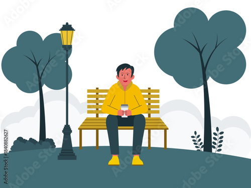 Young man sitting alone on a wooden slatted bench  holding a cup, possibly containing coffee or a hot beverage. Modern urban life vector illustration. Flat illustration concept.