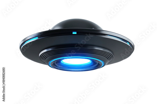 Sleek, dark UFO hovers; glowing blue lights emanate