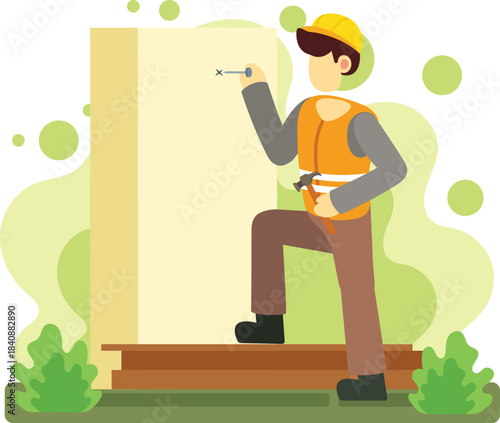 Wallpaper Mural Handyman fixing wall with hammer and nail illustration Torontodigital.ca