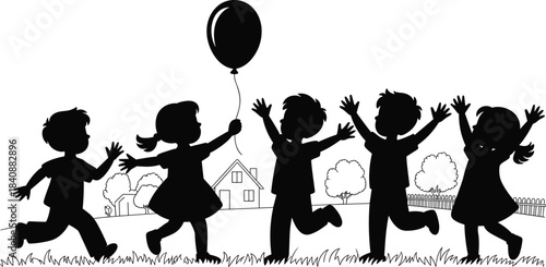 Black Silhouette Vector Illustration of Five Children Playing and Running with a Balloon on Detailed Grassy Terrain and an Outdoor House and Tree Scene.