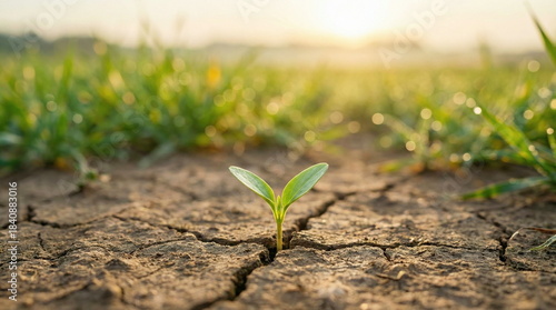 A vibrant green sprout emerges from cracked, dry soil under a golden sunrise, representing resilience, growth, and environmental hope.