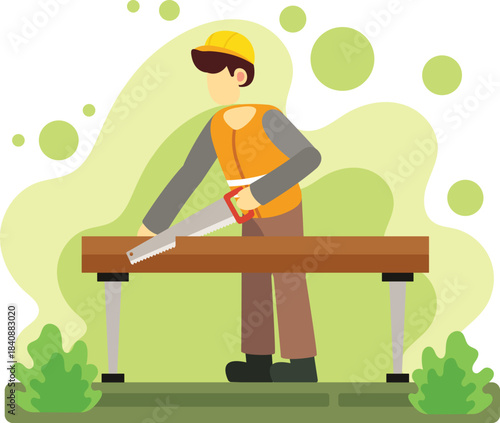 Wallpaper Mural Construction worker cutting wood with hand saw illustration Torontodigital.ca