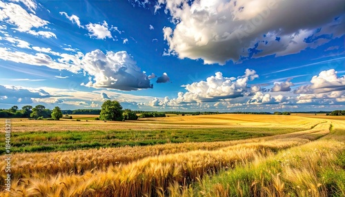 Εκτύπωση καμβά Vast Golden Wheat Field Under a Dramatic Blue Sky with Fluffy White Clouds on a