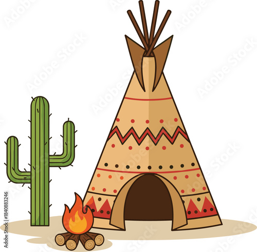 Flat vector illustration of a traditional Native American teepee or tipi with tribal patterns a campfire and a large desert cactus