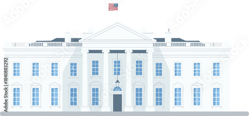Flat vector illustration of the entire White House front facade with portico columns and the American flag for US government and DC travel