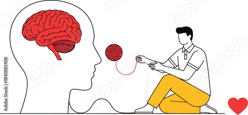Man unraveling tangled thoughts inside human mind showing mental health support, brain therapy, emotional healing and psychological wellbeing