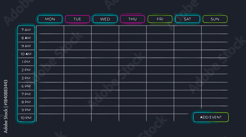 Neon Weekly Schedule Planner UI Design Dark Theme