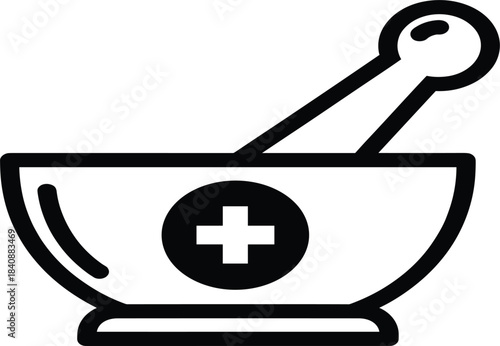 Medical mortar and pestle icon symbolizing pharmacy, herbal remedies, healthcare treatment and pharmaceutical preparation in simple vector style