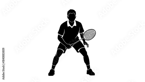 Silhouette of a Badminton Player in Ready Stance with Racquet Sports Illustration