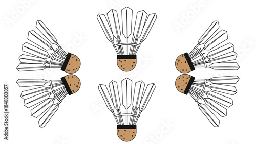 Creative Arrangement of Five Feathered Sports Shuttlecocks on White Background
