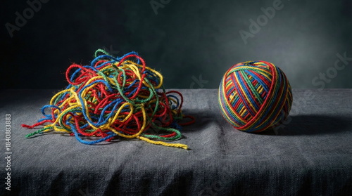A vibrant tangle of yarn contrasting with a neat ball, symbolizing complexity vs. simplicity, problem-solving, and creative craft.