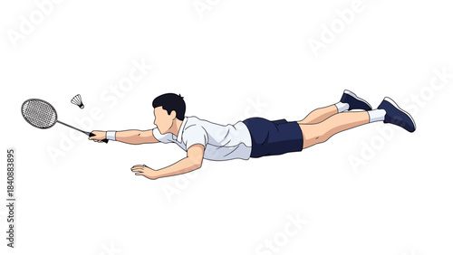 Athlete Diving for Shuttlecock During Badminton Match Dynamic Sports Illustration