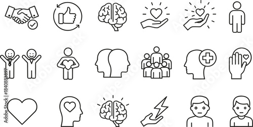 Mental health and wellbeing line icons showing brain, heart care, support, teamwork, empathy, and emotional wellness symbols