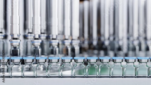 Vials moving along an automated production line in a pharmaceutical factory, symbolizing large-scale vaccine, drug, or cosmetic manufacturing and filling processes- 3D rendering