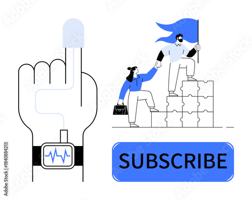 Teamwork, leadership, growth, health technology, subscription model, online services. A smartwatch on a finger and individuals climbing puzzle blocks. Leadership and health technology concept