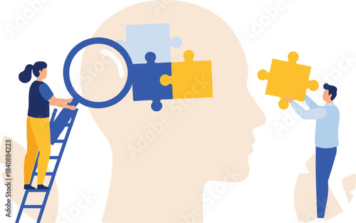 Mental health puzzle concept with people solving mind issues, teamwork supporting cognitive wellness and psychological problem-solving illustration